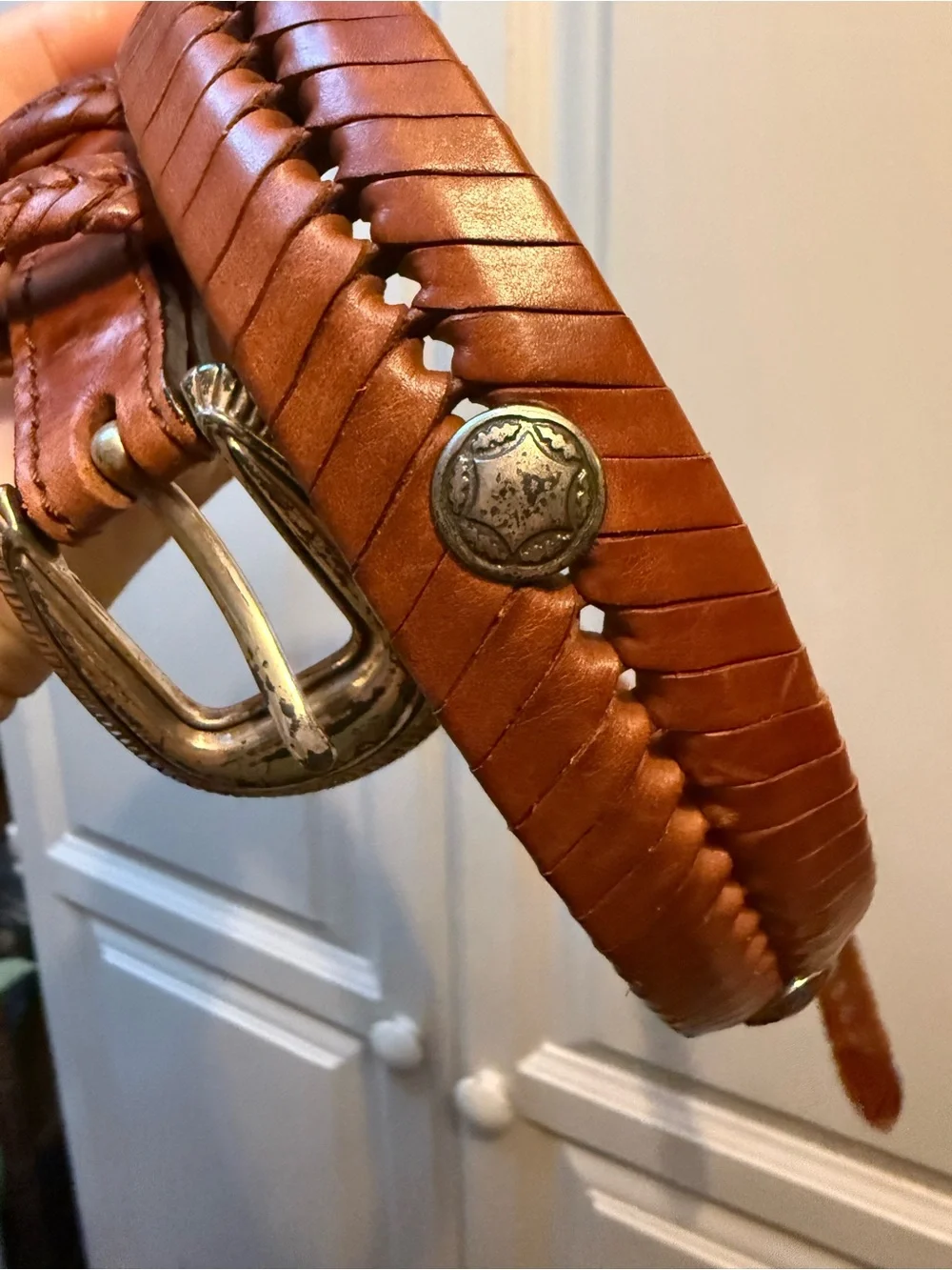 Vtg 90s Sz 38 Leather Belt Western Concho Braided Whipstitch Brown‎ Woven Boho